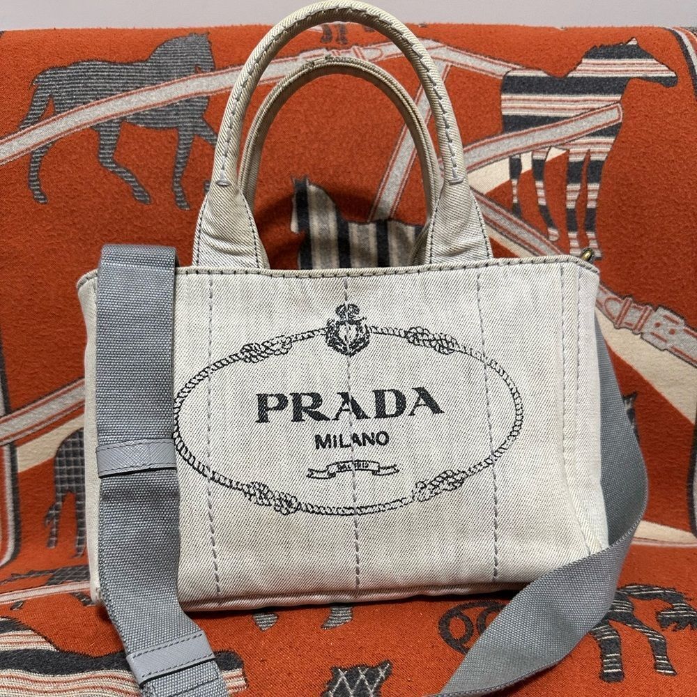 PRADA ❤️🌟WHITE DENIM CANAPA BAG WITH LONG STRAP⭐️